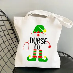 Detail of white canvas tote bag featuring Nurse Elf creative print on mesh chair