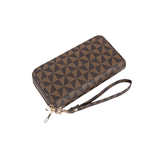 Long double-zipper wallet with brown geometric pattern and detachable wrist strap