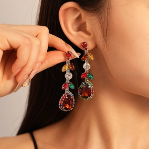 Elegant vintage zircon leaf drop earrings with multicolored crystals for women