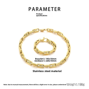 Detailed view of polished 10mm golden stainless steel chain necklace and bracelet set