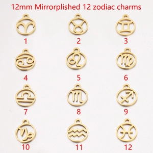 Set of 12 mirror-polished golden 12mm hollow zodiac charms for DIY jewelry making