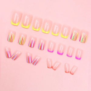Neon French tip press-on nails with colorful stripes and gold foil art in square shape