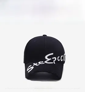 Detailed close-up of 3D SteEpcc embroidery and distressed worn brim on baseball cap