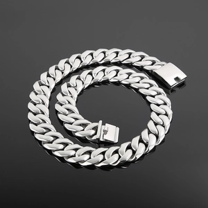 Polished silver stainless steel chunky Cuban chain necklace with secure box clasp detail