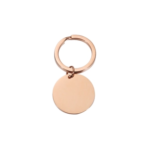 Detailed view of mirror-polished rose gold stainless steel round keychain pendant