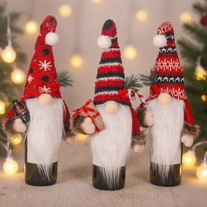 Christmas Gnome Wine Bottle Cover Knitted Fabric Topper Holiday Decoration Faux Fur Beard Holding Candy Cane Gift Box Lamp