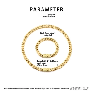 Polished gold stainless steel Cuban chain set with detailed necklace and bracelet specs