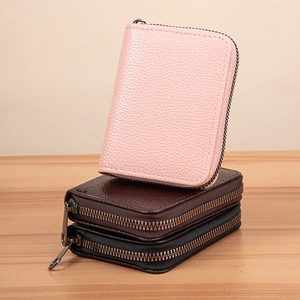 Litchi pattern leather zipper card holder for women with multi-slot large capacity design