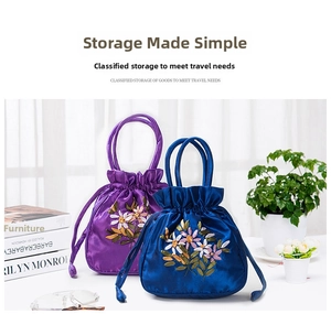 Detailed embroidery on satin drawstring handbags for jewelry and cosmetic storage
