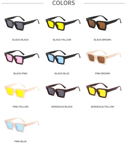 Grid view of various color combinations for square frame sunglasses with tinted lenses