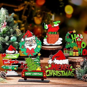 Festive Christmas wooden tabletop signs featuring Santa, sleigh and holiday wreaths