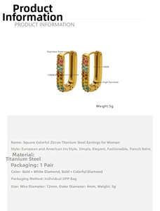Detailed view of square colorful zircon stainless steel earrings with size dimensions