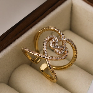 Exquisite gold hollow geometric heart ring with shimmering crystal zircon accents