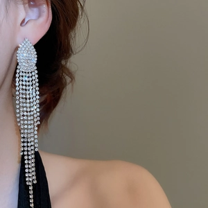 Macro view of silver tassel earrings with sparkling crystals and cascading fringes