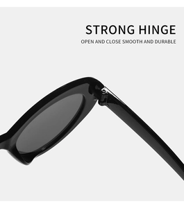Macro detail of high-strength metal hinge on retro oval black frame sunglasses