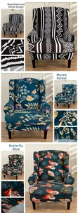 Elastic wingback chair covers featuring floral patterns and geometric textures detail