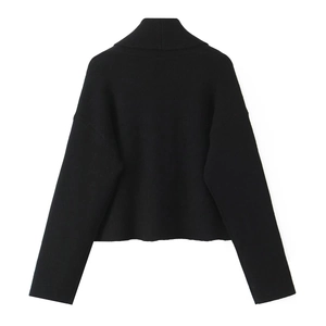 Detailed back view of a black lapel long sleeve chunky knit cardigan with high-quality texture
