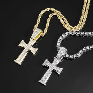 Hip hop gold and silver cross necklaces with micro pave rhinestones and tennis chain