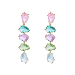 S925 silver drop earrings with multi-colored crystals in a gold teardrop design