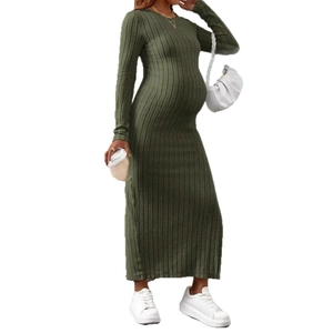 Slim fit olive green long sleeve maternity dress with knitted texture and side slit