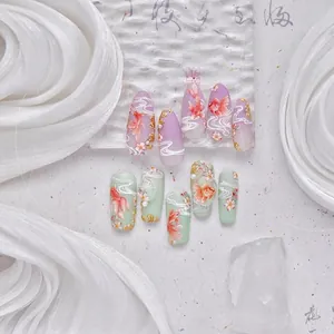 Exquisite koi fish and cherry blossom nail art stickers with 3D gold embossed details