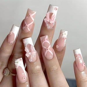 Coffin Press On Nails Pink White French Tip 3D Bow Artificial Pearl Flower Decorations Ballerina Fake Nails Sweet Style