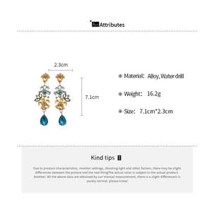 Detailed size specifications for vintage floral water-drop earrings with blue rhinestones