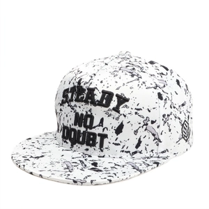 White hip hop snapback cap with black splatter print and Steady No Doubt embroidery