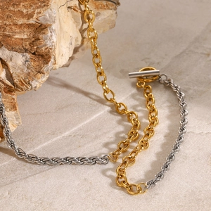 Two-tone stainless steel chain necklace with gold rings, silver cable links and OT clasp