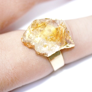 Natural yellow citrine raw stone ring with gold plated minimalist irregular band