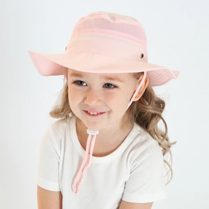 Close-up of pink children sun hat featuring breathable mesh top and adjustable wind cord