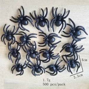 Bulk set of 500 mini black plastic spiders for realistic Halloween prank party decorations