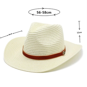 Cream straw cowboy hat with brown leather belt and M metal buckle, 56-58cm brim 8cm