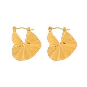 Macro detail of golden geometric fan-shaped earrings with polished titanium steel finish