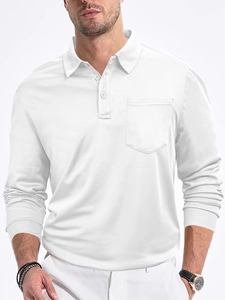 Detail view of breathable mesh fabric on white long sleeve polo shirt with chest pocket