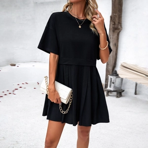 Abito Midi Da Donna Con Girocollo E Maniche Corte Plissettato Patchwork Linea A Elegante Da Pendolare Casual Ampio