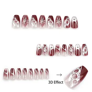 Short ballerina press-on nails with red gradient and silver 3D flame relief pattern