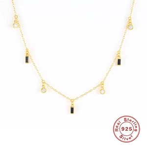 S925 sterling silver gold necklace with black rectangle and clear round stone pendants