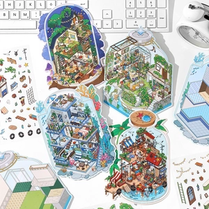 2.5D Scene Stickers Deco Series DIY Scrapbooking Journaling Supplies Cute Cartoon Architecture Miniature Landscape Decorative Stationery Stickers