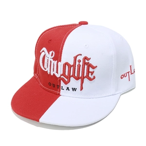 Detail of red and white snapback hat with Thuglife and OUTLAW 3D embroidery