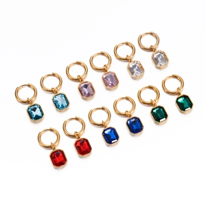French style gold-plated stainless steel earrings with square crystal pendants in 6 colors