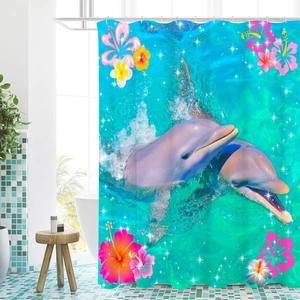 Tropical sea dolphin shower curtain with hibiscus flowers for modern bathroom decor