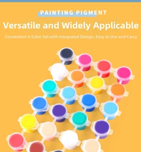 Close-up of 6-color connected paint pots in a diagonal grid layout on yellow background