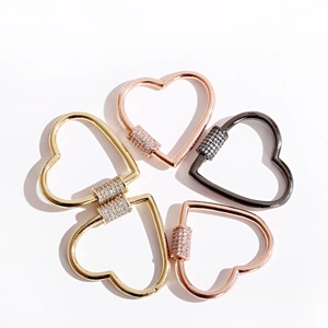Micro-paved heart carabiner clasps in gold, rose gold and black finish with zircon