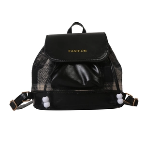 Schicker schwarzer PU-Lederrucksack mit grauem Karomuster und elegantem Perlenzugband