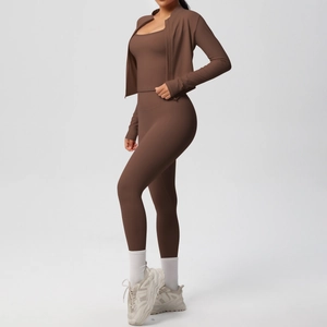 Three-piece brown yoga set featuring a zip-up jacket, camisole top, and high-waisted leggings