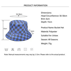 Blue and black checkerboard bucket hat with smiley face detail for sun protection