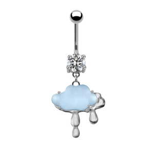 Detailed shot of silver belly ring with blue cloud pendant and sparkling gemstone inlay