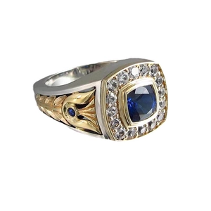 Vintage two-tone men's ring with square blue sapphire and surrounding white diamonds