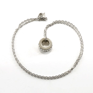 Double-layered stainless steel necklace with sparkling rhinestone circle pendant in silver